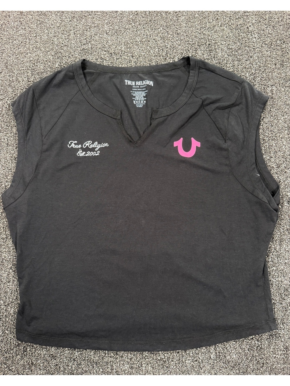 True Religion Black Sleeveless V-Neck T-Shirt with Pink Logo